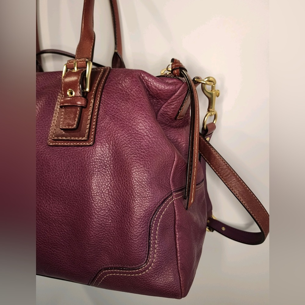 Coach Genuine Pebbled Leather Berry w/Camel Accents Hampton Satchel Bag - Picture 10 of 16